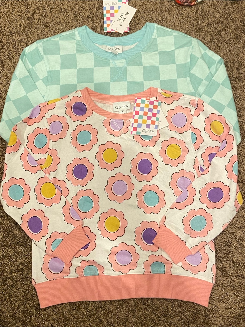2 Girls' Pastel Floral & Checker Pullover Sweatshirts - Pink & Mint Size 6
